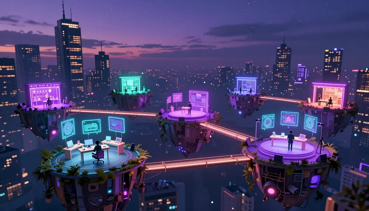 Floating platforms above a city at dusk, each holding a small glowing creative studio with people at desks and screens, linked by lit walkways