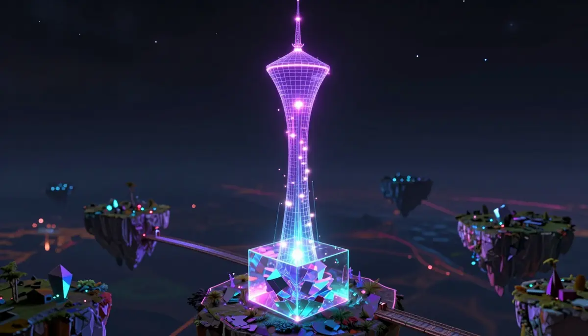 A glowing wireframe tower rising from a clear cube of light on a floating island, with other floating islands joined by bridges against a night sky